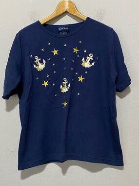 Vintage Las Olas Women’s XL Short Sleeve Blue Top Anchors Nautical
